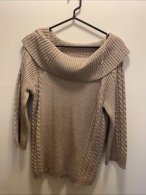 Chico's Taupe Cable-Knit Off-Shoulder Sweater
